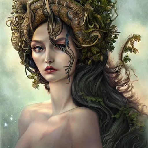 Image similar to realistic mythological greek medusa, by anna dittmann