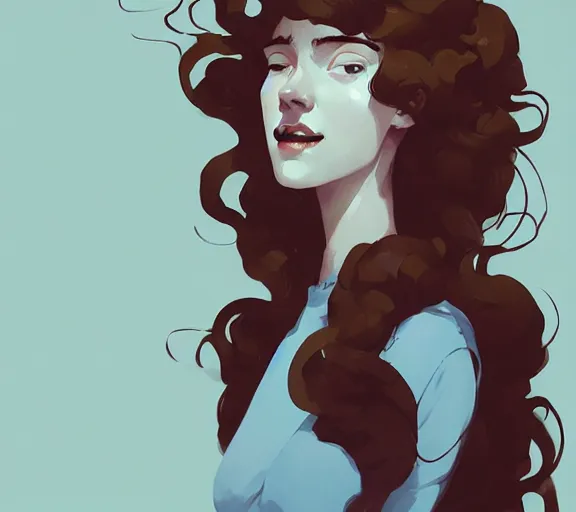 Image similar to portrait woman with long red curly hair, by atey ghailan, by greg rutkowski, by greg tocchini, by james gilleard, by joe fenton, by kaethe butcher, by ashley wood, dynamic lighting, gradient light blue, brown, blonde cream and white color scheme, grunge aesthetic