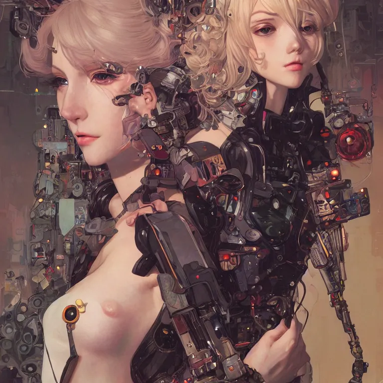 Prompt: portrait of beautiful bimbo, cyberpunk, Warhammer, highly detailed, artstation, illustration, art by Gustav Klimt and Range Murata and Ilya Kuvshinov and Sakimichan