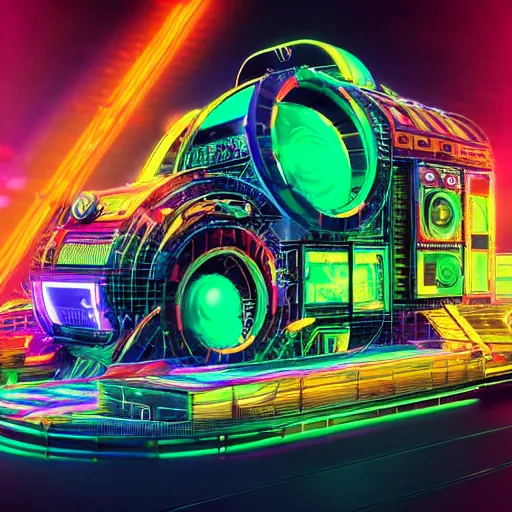 Image similar to album cover, album is called tripmachine, photo of a huge futuristic steampunk machine, made of guitars and drums and pianos, glowing monitors, connected with glowing tubes 8 k, fluorescent colors, halluzinogenic, multicolored, exaggerated detailed, front shot, 3 d render, octane