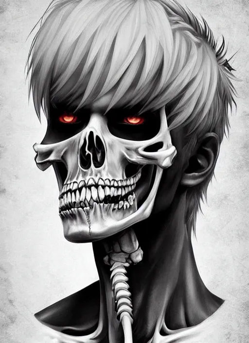 Image similar to detailed portrait art of death in a white shirt, white straight short hair, a black eye and white another, the bone is exposed on the right forehead, art by krenz, very detailed, intricate, digital anime art, sharp focus