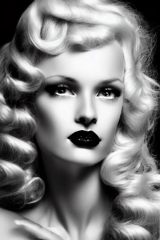 Prompt: stunning black and white portrait of a beautiful blonde woman by kenneth willardt. long curly glossy hair and makeup. face only, no hand. vintage glamour. shiny dark lips. highly detailed and realistic oil painting on canvas. brush strokes.