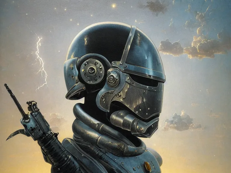 Prompt: a detailed profile oil painting of a bounty hunter in armour and visor, cinematic sci-fi poster. technology flight suit, bounty hunter portrait symmetrical and science fiction theme with lightning, aurora lighting clouds and stars. Clean and minimal design by beksinski carl spitzweg and tuomas korpi. baroque elements. baroque element. intricate artwork by caravaggio. Trending on artstation. 8k