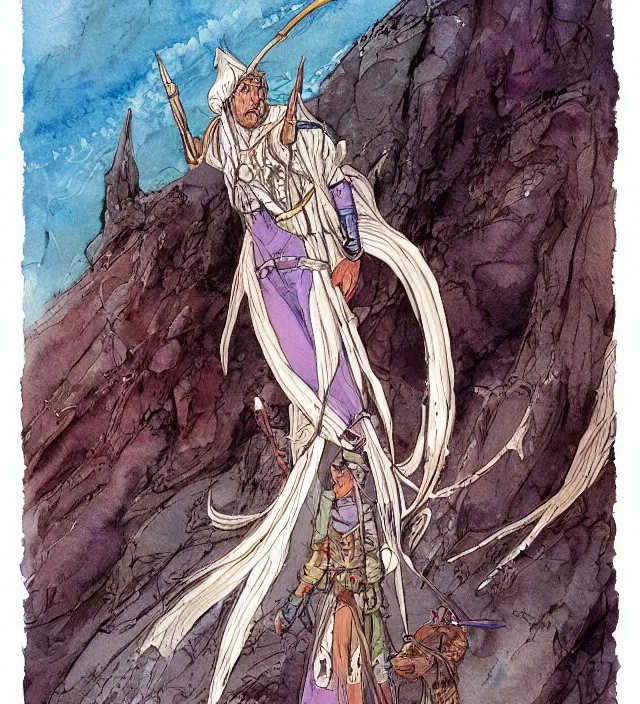 Prompt: a 3 / 4 view watercolor ink painting of an elf cleric / wizard wandering a ringworld bringing miracles in the style of jean giraud in the style of moebius trending on artstation deviantart pinterest detailed realistic hd 8 k high resolution