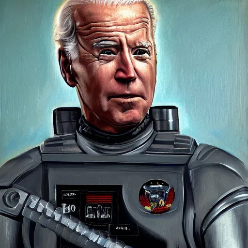 Image similar to joe biden as robocop, realistic oil painting, style of norman rockwell, 8 k, super sharp, ultra detail, rule of thirds,