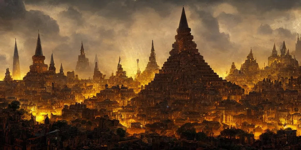 Image similar to magical city of the great tartarian empire adorned with amazing lost technology, lighting resembling fireflies, spires from rooftops collecting and distributing etheric energy, the centerpiece of the city is a colossal ancient pyramid made of metal, cityscape, combining intense detail & utmost quality, late 1 8 0 0 s photography christian hecker, artstation, - h 8 3 2