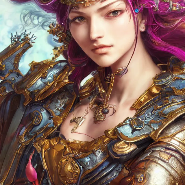 Image similar to studio portrait of lawful good colorful female holy mech paladin as absurdly beautiful, elegant, young sensual pretty woman, ultrafine hyperrealistic detailed face illustration by kim jung gi, irakli nadar, intricate linework, sharp focus, bright colors, matte, octopath traveler, final fantasy, unreal engine highly rendered, global illumination, radiant light, intricate environment