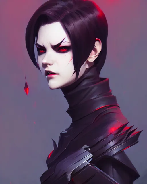 Image similar to sharp hq rendering, dark vampire, character portrait, concept art, painterly, fanart, highly detailed in the style of overwatch by ilya kuvshinov, wenjun lin, angular geometric symmetrical design