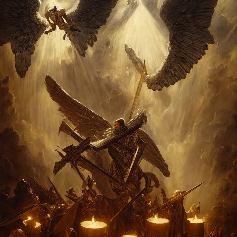 Image similar to painting of a powerful angel in medieval knights armory and white wings sitting on an enormous sword throne. cinematic lighting, atmospheric lighting, haunted, terrifying atmosphere by greg rutkowski, evelyn de morgan, bruce pennington.