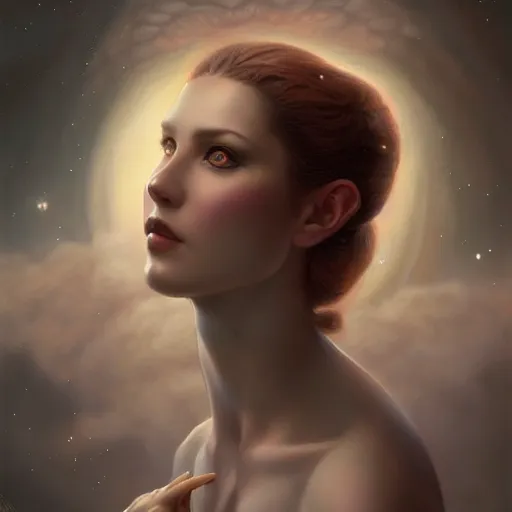 Image similar to a beautiful portrait of a celestial goddess by Jim Burns and Tom Bagshaw, Trending on Artstation