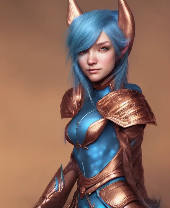 Image similar to a beautiful and highly detailed digital portrait of a dignified elf with long blue hair in rose gold armor by artgerm and lu ji, centered, artsation contest winner, cgsociety, fantasy art, cryengine, concept art, photorealism, daz 3 d, sketchfab, zbrush, vray