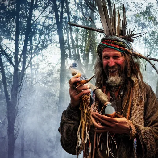 Image similar to hippie tribal hobo witch doctor wearing twigs and leaves smiling sheepishly, campfire, bong, water pipe, highly detailed, dramatic lighting, night time, cinematic, hyperrealistic, detailed, movie still from game of thrones