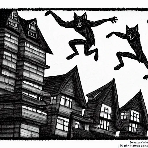 Image similar to A pack of Garou werewolves chase a giant spider across the rooftops of Burnaby. by Ron Spencer.