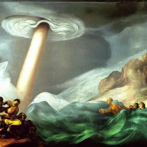 Prompt: michaelangelo painting of a tornado in the sea