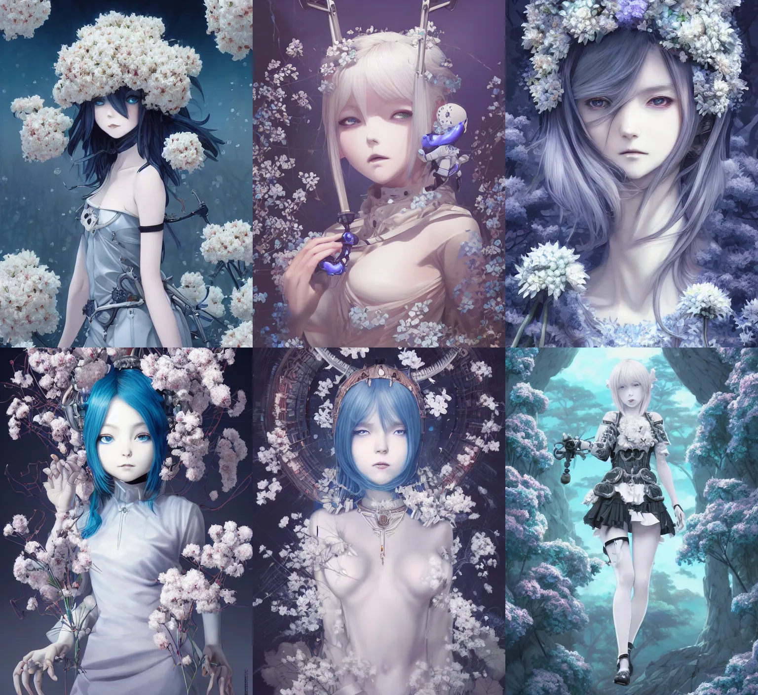 Prompt: detailed, sharp, dreaming humanoid female automata with blue horns wearing gothic ornament surrounded by white flowers floating above a dystopia by Ilya Kuvshinov and Anna Dittmann and studio ghibli and WLOP and Rossdraws, digital art, surreal, trending on artstation, anime arts, featured on Pixiv, blue lighting, HD, 8K, highly detailed, good lighting, beautiful, epic, masterpiece