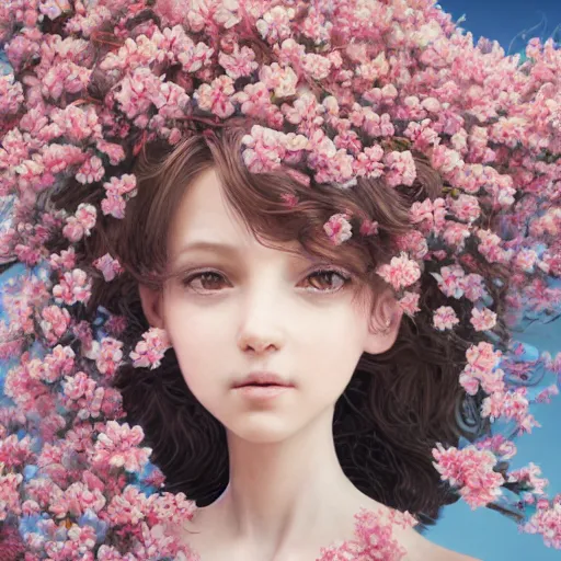 Image similar to the portrait of an absurdly cute, graceful, elegant, young arab baby girl made of cherry flowers and petals, an ultrafine hyperdetailed illustration by kim jung gi, irakli nadar, intricate linework, bright colors, octopath traveler, unreal engine 5 highly rendered, global illumination, radiant light, detailed and intricate environment