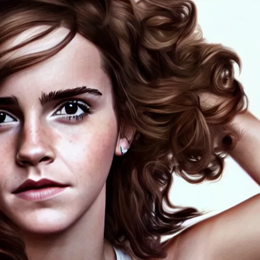 Prompt: emma watson with one hand in her hair, playing with her curls, hyperrealistic, artgerm