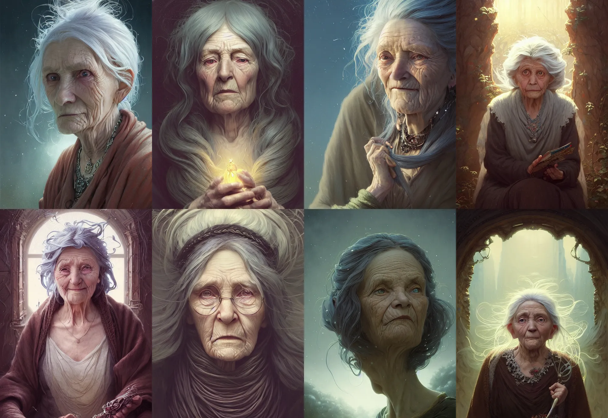 Image similar to highly detailed portrait of a very old woman with long hairs, stephen bliss, unreal engine, fantasy art by greg rutkowski, loish, rhads, ferdinand knab, makoto shinkai and lois van baarle, ilya kuvshinov, rossdraws, tom bagshaw, alphonse mucha, global illumination, radiant light, detailed and intricate environment