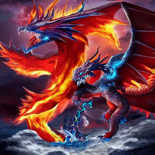 Image similar to ice Phoenix fighting against fire dragon, realistic