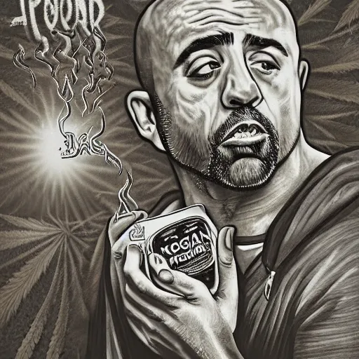 Image similar to insane famous photography of joe rogan talking to lord jesus christ over a bag of weed.