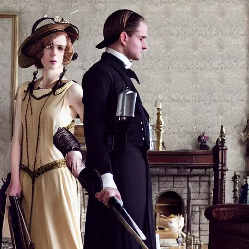 Prompt: Mary crawley plays final fantasy 7 at downton Abbey