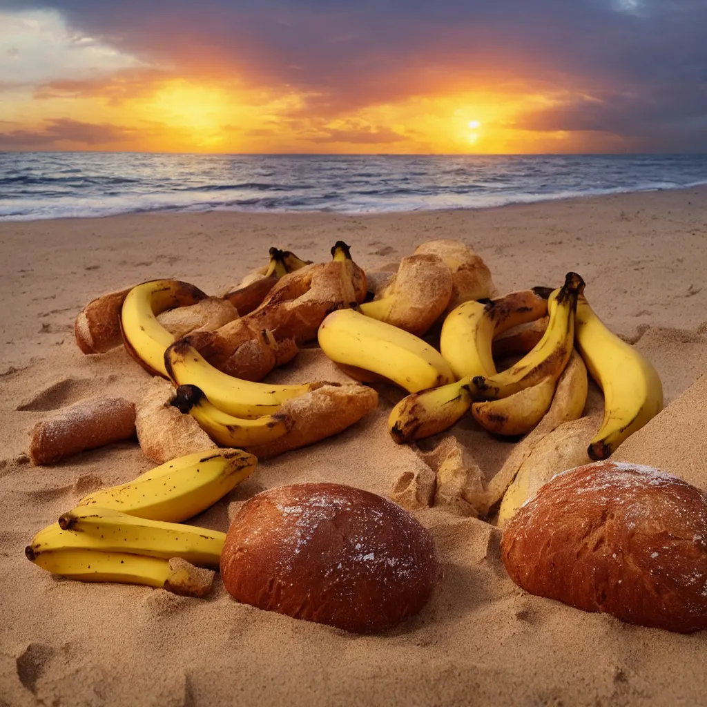 Image similar to a bread and a banana in love at the beach with sunset