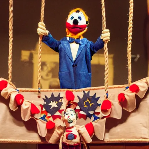 Image similar to puppeteer in puppet show using a string marionette of a president with clown makeup in a podium