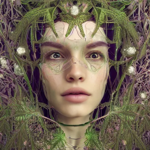 Prompt: ! dream organic spirit of a woman, beautiful young face, covered in plants and crystals, intricate details, biomechanical, alive branches, octane render, cinematic light