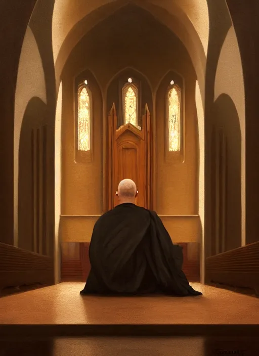 Image similar to symmetry!! oil painting of a weeping tonsured dominican monk in a brown habit, kneeling in a dark empty chapel, hazy, digital art, artstation, cinematic, golden hour, digital art painting by greg rutkowski, cozy atmosphere, cinematic lighting