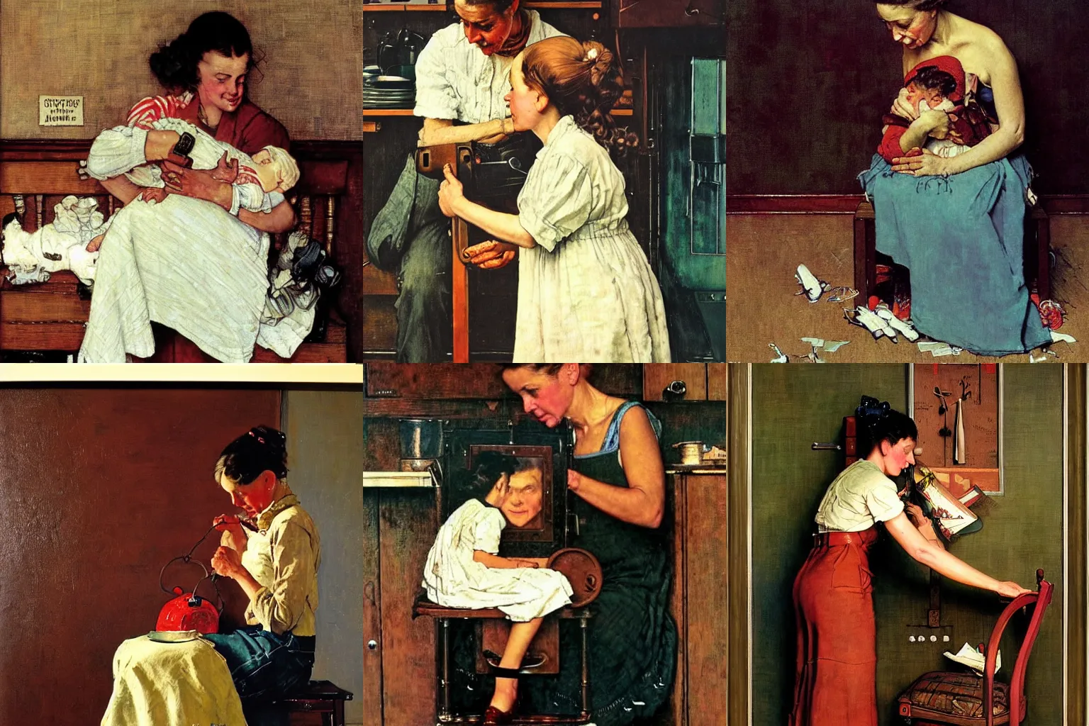 Prompt: a woman deeply in love with an inanimate object. A painting by Norman Rockwell.