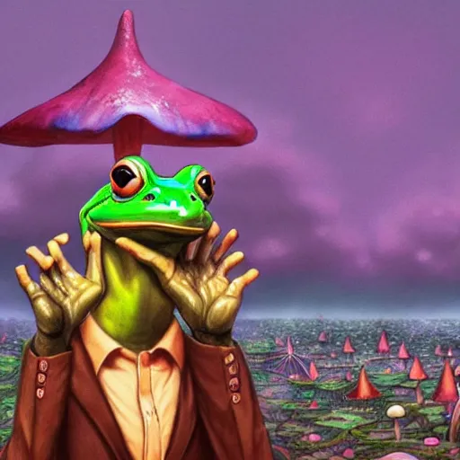 Image similar to A centered chest up portrait of a psychedelic godlike anthropomorphic frog smoking a hand-rolled cigarette smoking heavily , magic mushroom village in background . award winning. superb resolution. in the art style of junji Ito and greg rutkowski . Detailed Mushroom city in background. Hyper realistic anime. Perfect art. Dalle2