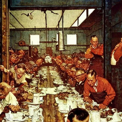 Prompt: norman rockwell painting of a slaughterhouse