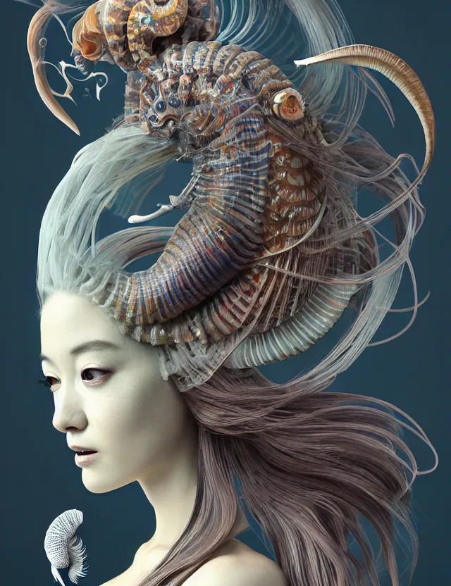 Image similar to 3 d goddess nautilus half - turn portrait with long hair with ram skull. beautiful intricately detailed japanese crow kitsune mask and clasical japanese kimono. betta fish, jellyfish phoenix, bio luminescent, plasma, ice, water, wind, creature, artwork by tooth wu and wlop and beeple and greg rutkowski