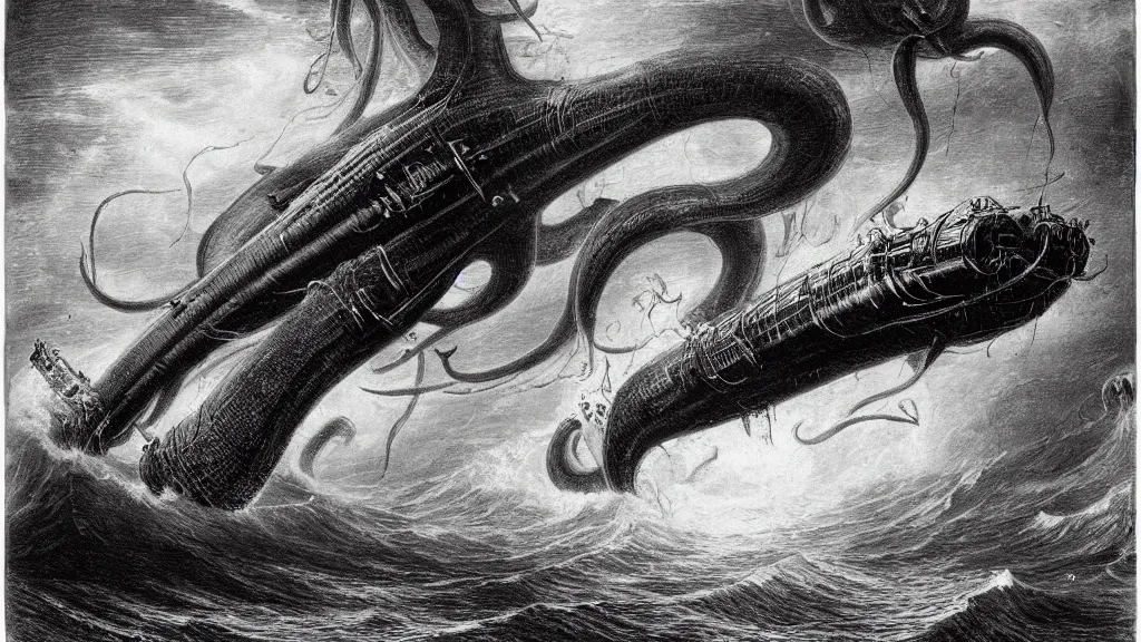 Prompt: drawing of a giant squid attacking a submarine beneath a stormy ocean, by gustave dore, nineteenth century, black and white, vintage, science fiction, epic composition, dramatic lighting, highly detailed, cinematic
