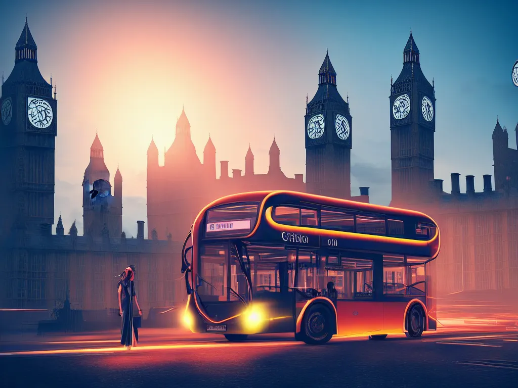 Image similar to an ancient beautiful cyborg with glowing eyes in the city of London, westminster in background, london bus, colourful, dramatic lighting, golden hour, very detailed octane render very realistic beautiful