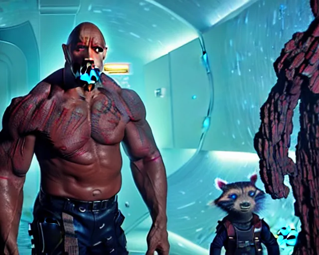 Prompt: the rock as a stone golem, space mercenary, still from the movie guardians of the galaxy