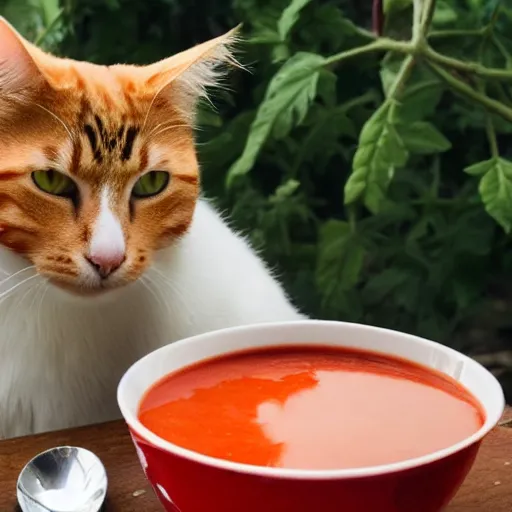 Prompt: a cat sitting on a bowl with tomato soup, professional photography