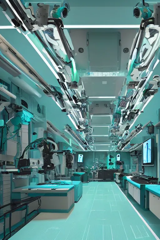 Prompt: interior of robotic medical facility, mecha, teal, highly detailed, low light, horror theme