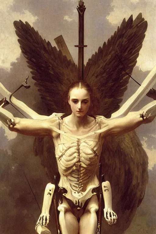 Image similar to portrait of a fully armed skeleton archer with big sword, wearing helmets and armor with wings, symmetrical, solemn, sacred, aura, by bouguereau