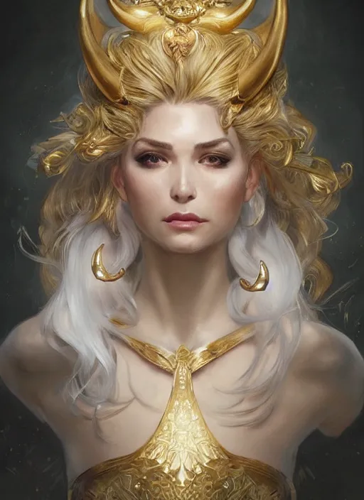 Image similar to fullbody!! dynamic movement pose, beautiful woman with white hair, big natural horns on her head, gold jewellery, dnd, face, fantasy, intricate, elegant, highly detailed, digital painting, artstation, concept art, smooth, sharp focus, illustration, art by artgerm and greg rutkowski and alphonse mucha