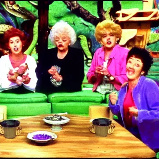 Prompt: Golden Girls cannabis mukbang with iguana guests Japanese game show 1996 divx rip