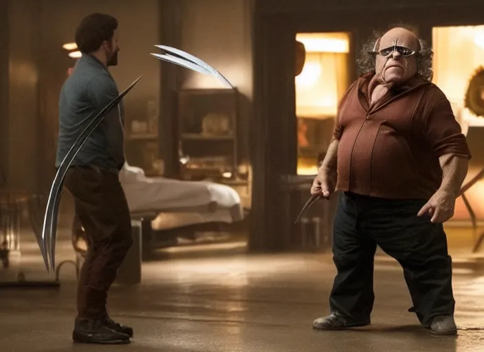 Image similar to cinematic still, danny devito as wolverine, x - men ( 2 0 1 9 )