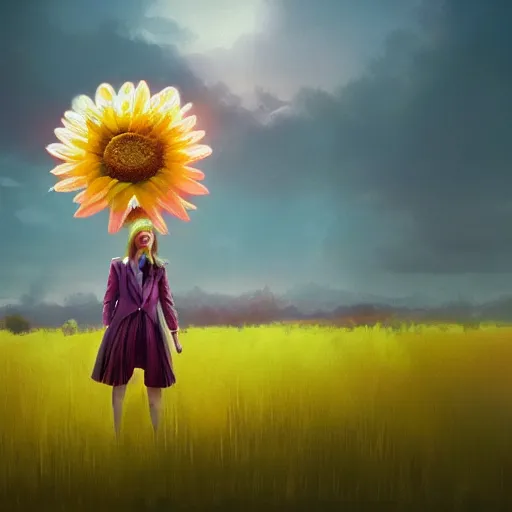 Prompt: giant daisy flower above head, frontal, a girl in a suit, surreal photography, sunrise, dramatic light, impressionist painting, digital painting, artstation, simon stalenhag