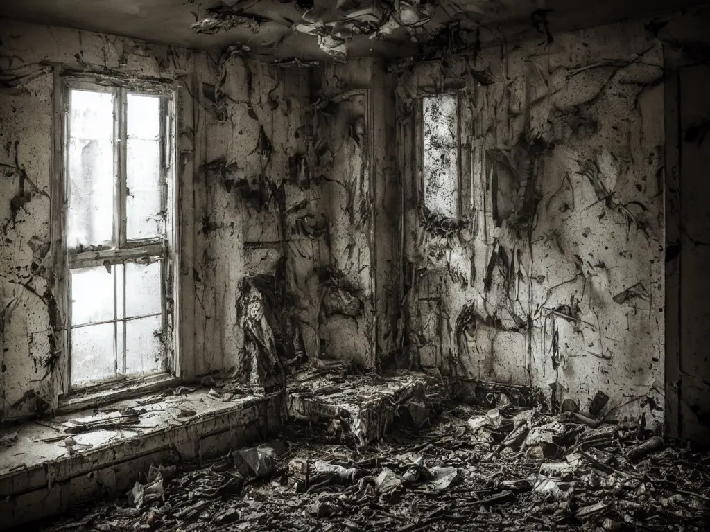 Image similar to the corner of a room in an abandoned building, where a mutant creature lurks, dirty windows, debris, tentacle beast, dust, bleak apocalyptic style, creepypasta, ominous vibe, sharp fangs