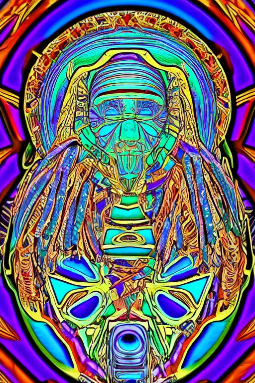Prompt: a medicine man with a face made of ornate sacred geometry, psychedelic, iridescent 8 k /