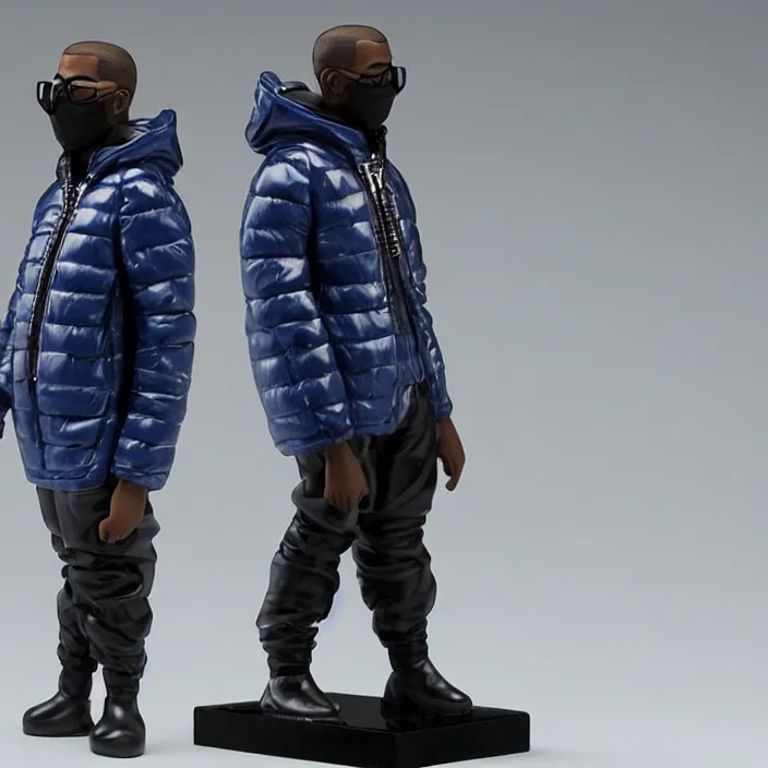 Image similar to a goodsmile figure of kanye west using a full face covering black mask, a small, tight, undersized reflective bright blue round puffer jacket made of nylon, dark jeans pants and big black balenciaga rubber boots, figurine, detailed product photo