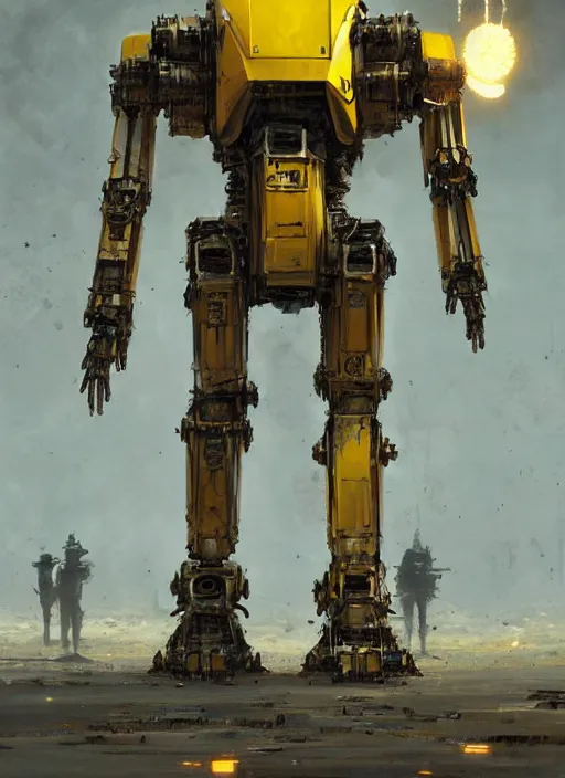 Image similar to human-sized strong intricate yellow pit droid, pancake flattened head, exposed metal bones, painterly humanoid mecha, by Greg Rutkowski