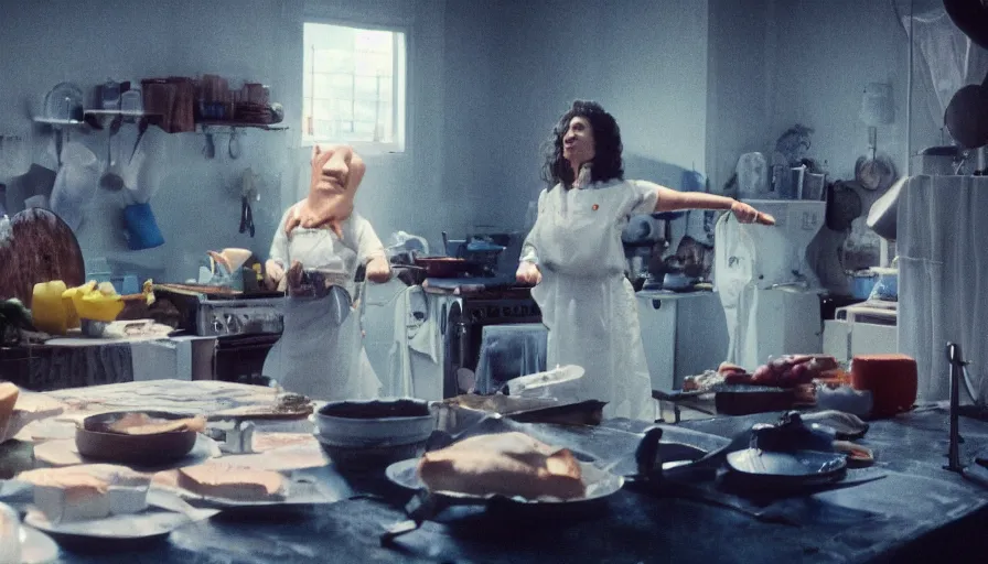 Prompt: movie still by alejandro jodorowsky of a beautiful day in the kitchen in suburban usa, visible magic energy, dream creature costumes, floating browser windows and social media posts, fish, cinestill 8 0 0 t eastmancolor technicolor, high quality, very detailed, heavy grain, fine facial features, 8 k, octane render