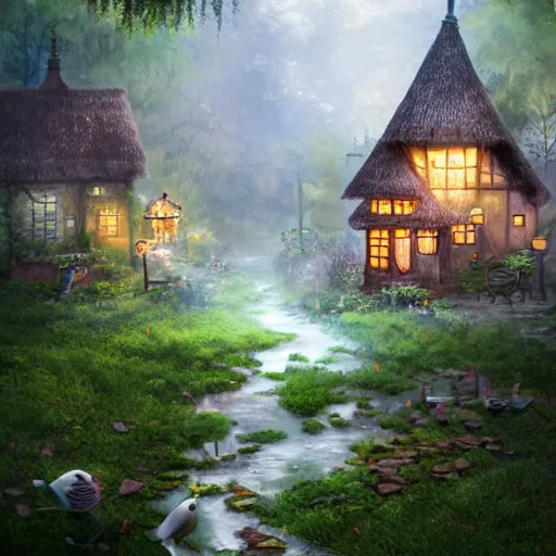 Prompt: forest grove, little gnomes, wooden moss covered houses, birds, flowing streams, cobblestone, windows lit up, thatched roofs, smoke puffing from chimneys, great forest trees, beautiful flowers, magical sunlight, yoshitaka amano, stunning, trending, best ever digital illustration,