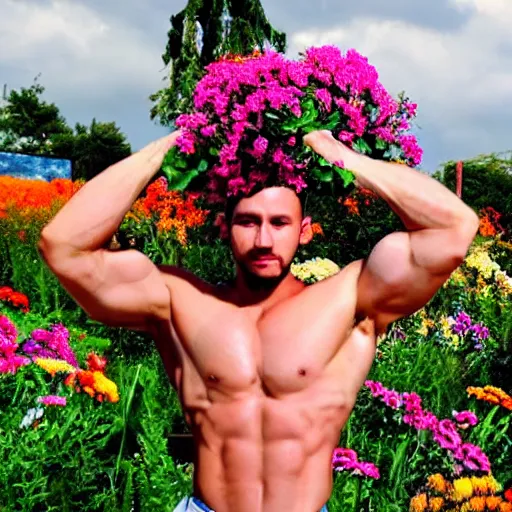 Prompt: “ buff guy by flowers ”
